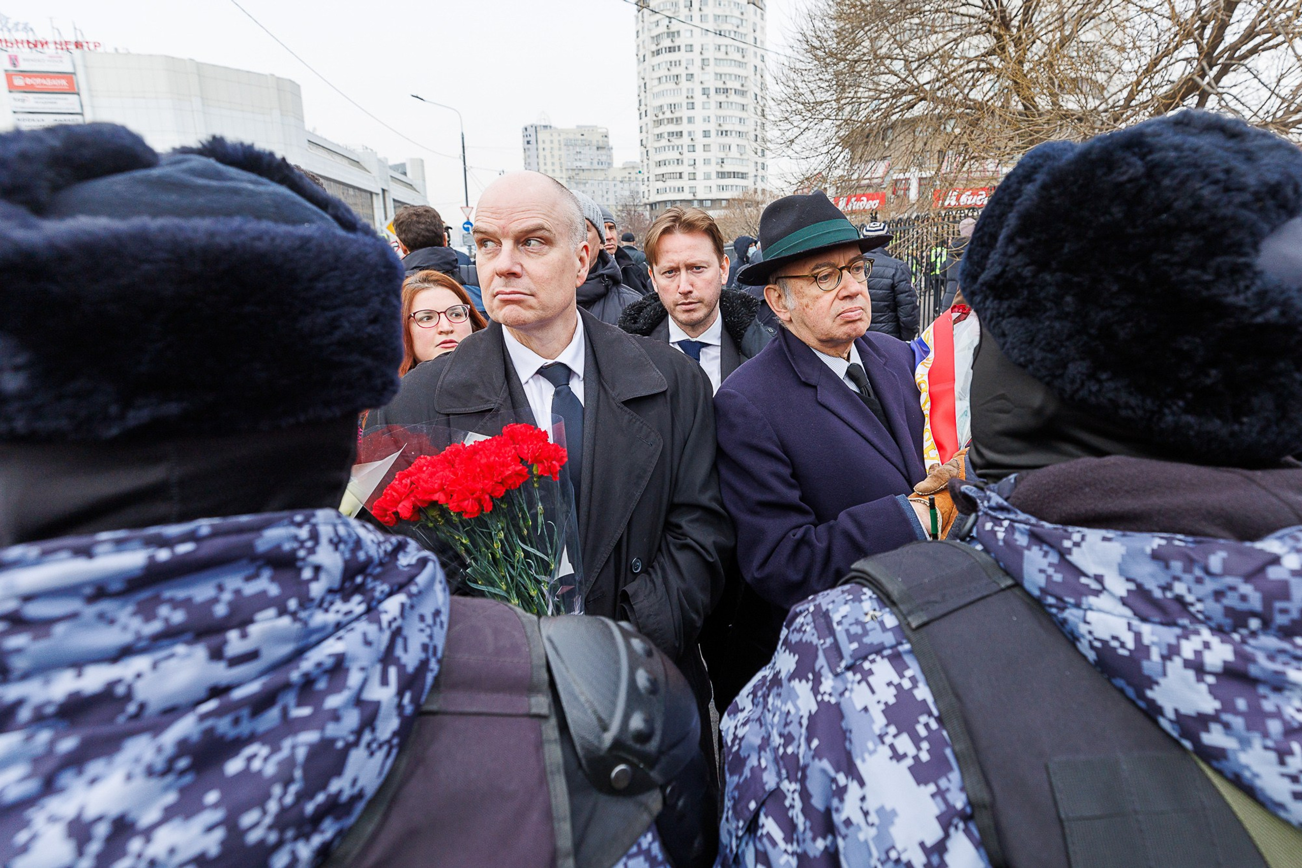 Police officers standing guard at Navalny's funeral ceremony, Moscow 2024