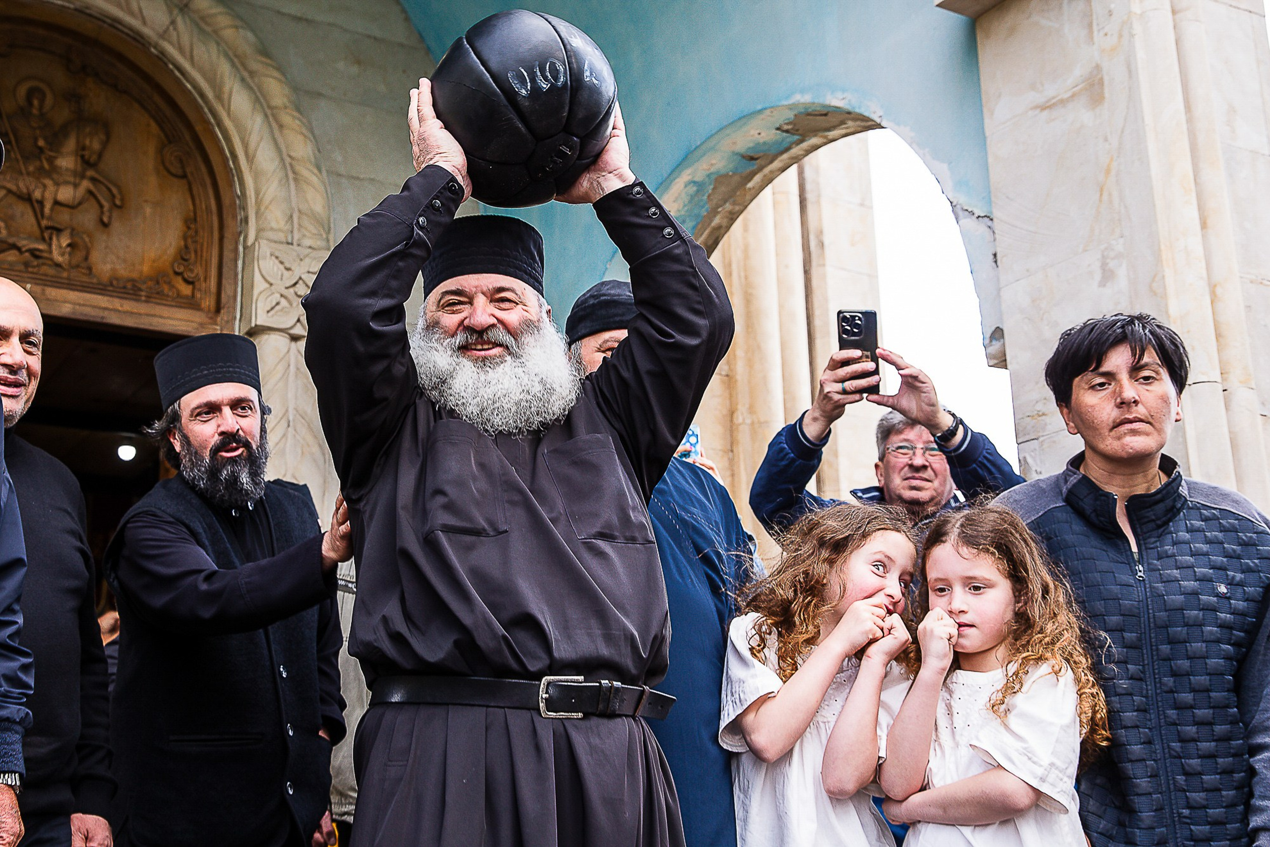 Moment of traditional Lelo Burti match with large ball, Georgia 2025
