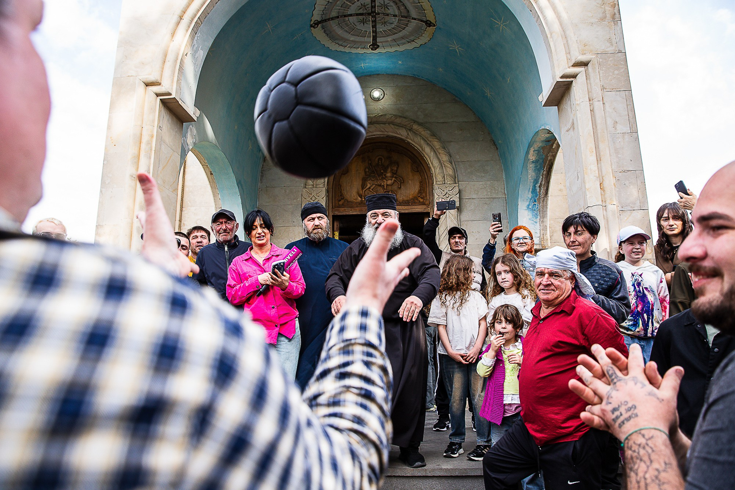 Moment of traditional Lelo Burti match with large ball, Georgia 2025