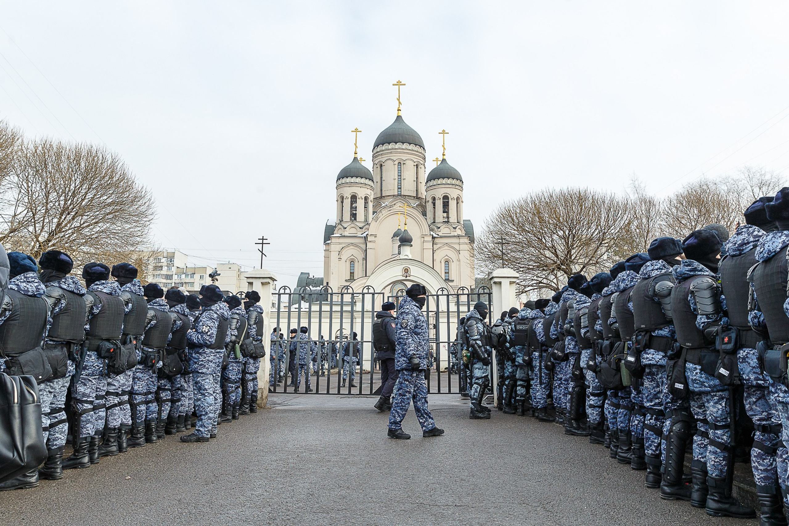 Police officers standing guard at Navalny's funeral ceremony, Moscow 2024