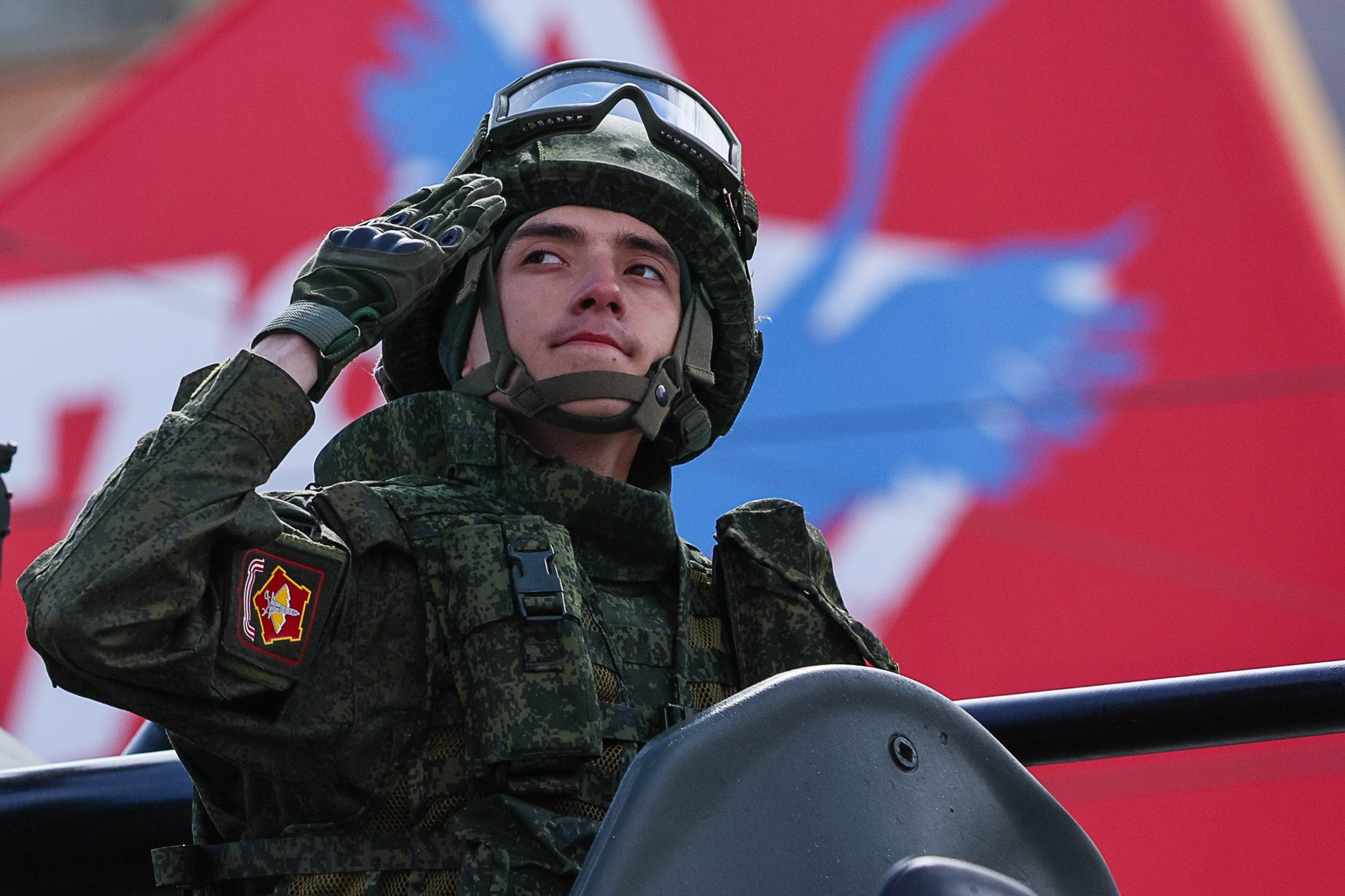 Military vehicles driving through square at Victory Day parade, Yekaterinburg 2024