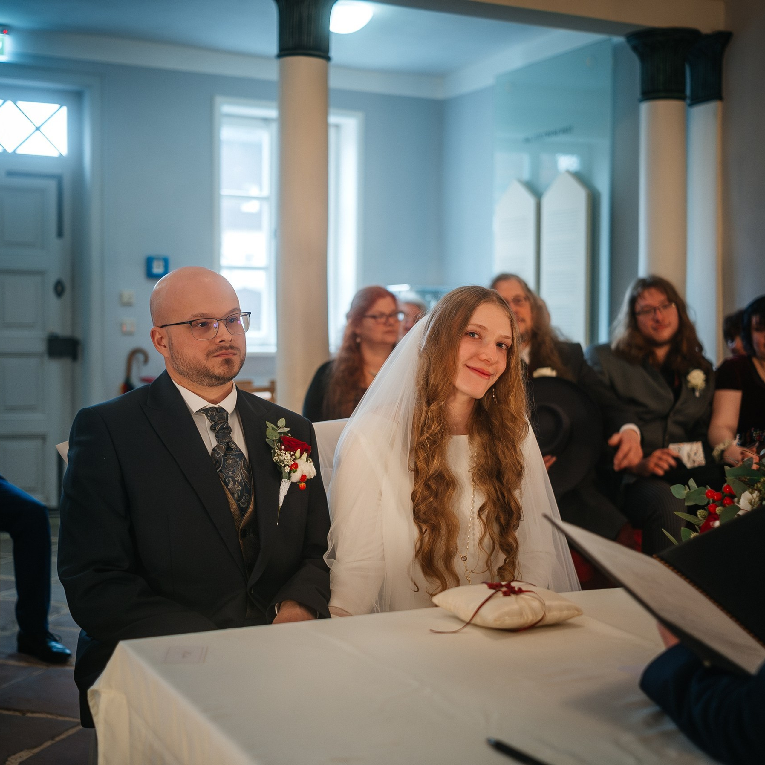 Bridal couple during civing ceremony in synagoge