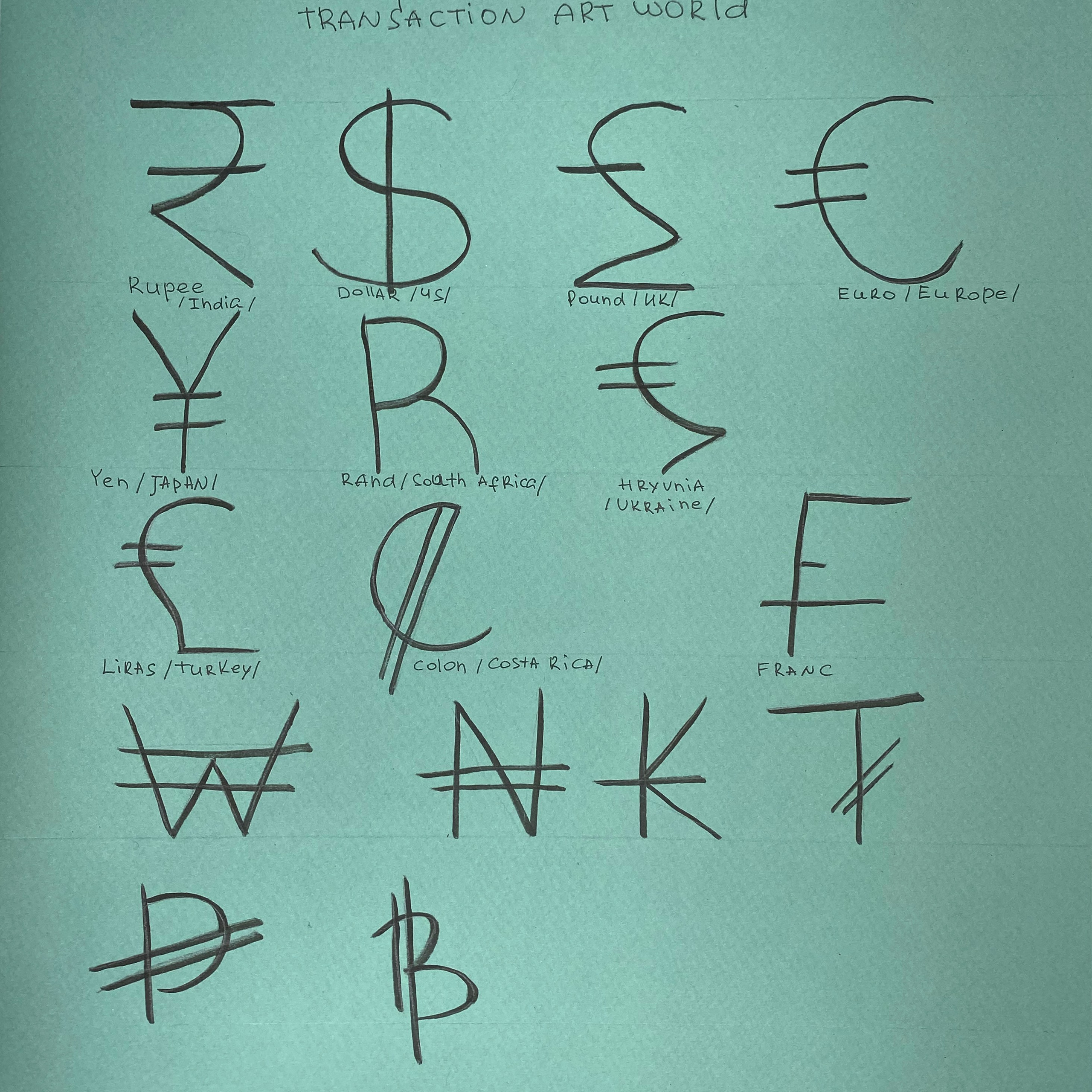 Transaction Art's linguistic system: An original alphabet composed entirely of global currency symbols ($, ¥, €, £), phonetically read as Hebrew. This conceptual language merges financial iconography with cultural hybridity, creating a visual and auditory bridge between economic systems and identity.
