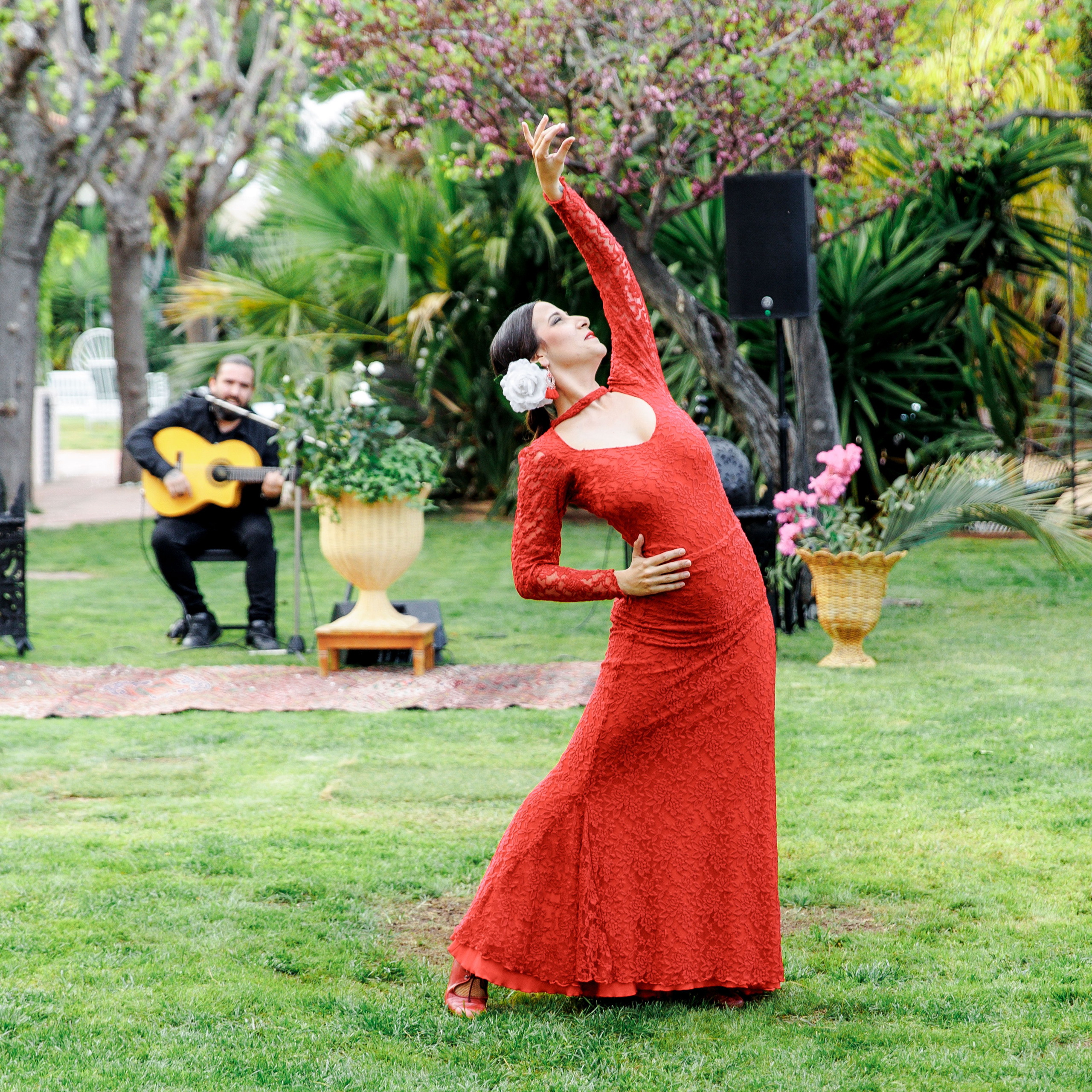 Dancer performing a flamenco dance on a rehearsal dinner in Barcelona