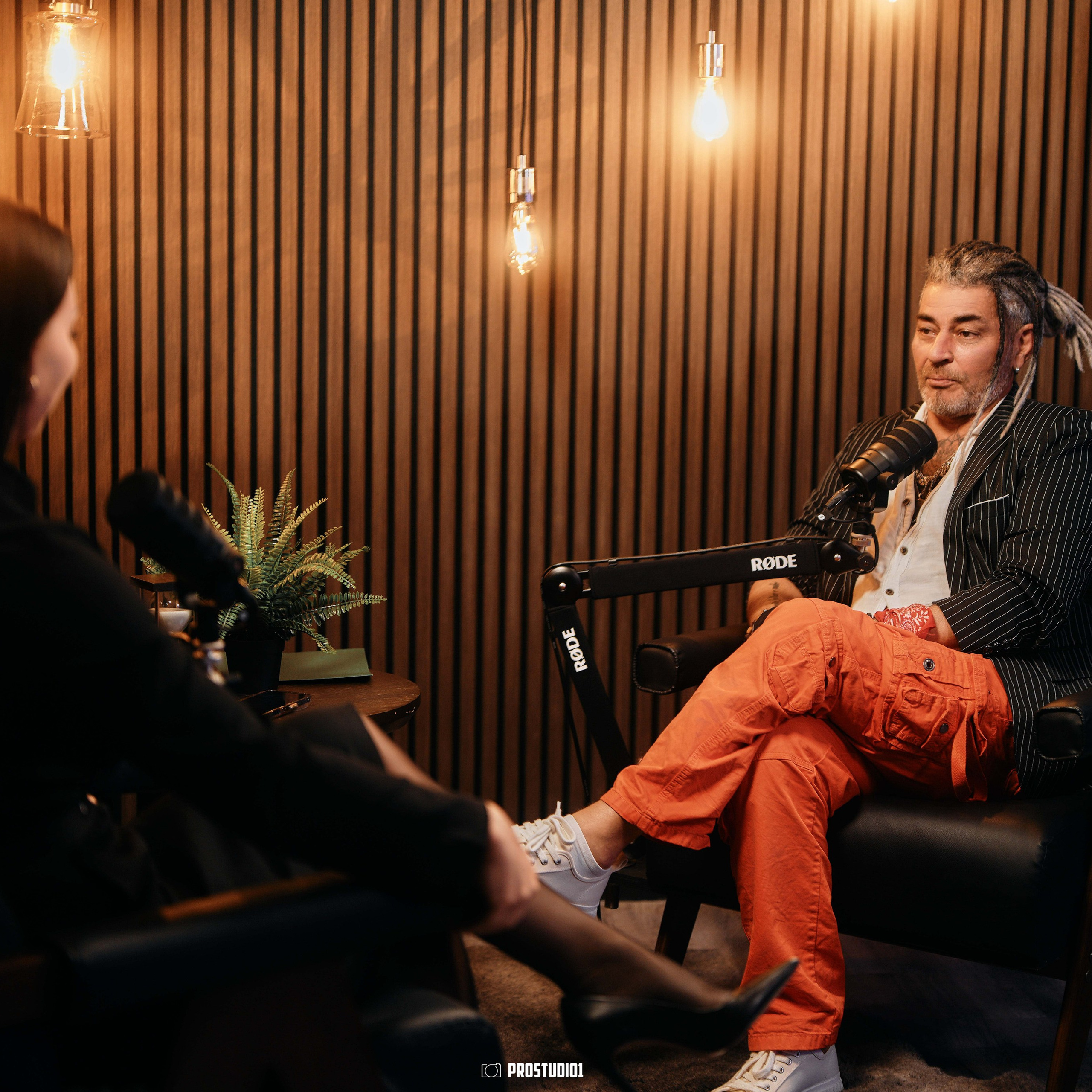 Two-person interview filmed in Zone 2 Cinematic Lounge at ProStudio1 near Miami — ideal for podcasts, founder interviews, and storytelling videos in Hollywood, FL.