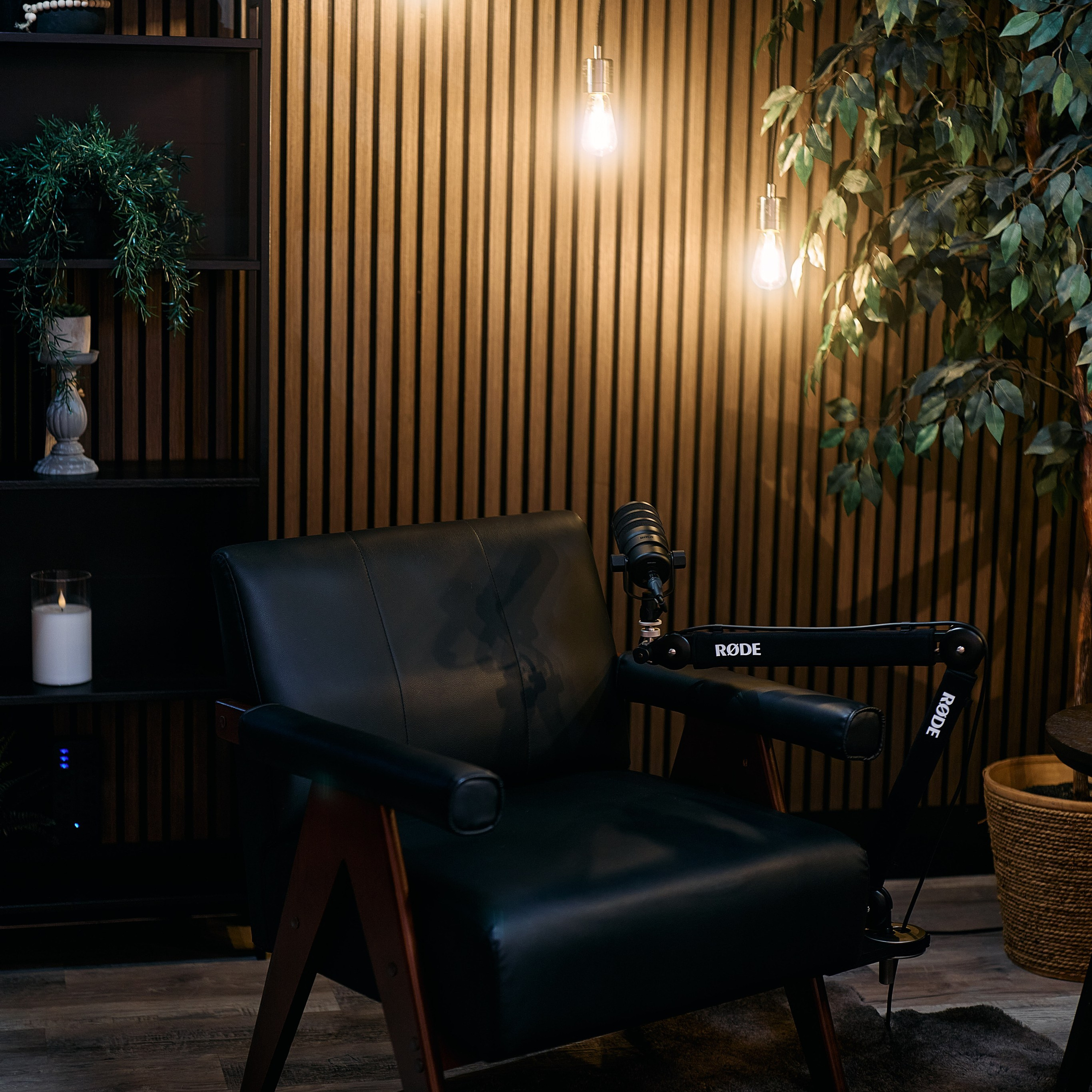 Warm, cinematic studio atmosphere in Zone 2 at ProStudio1 Hollywood, FL (Miami area) — ideal for interviews, podcasts, and premium content.