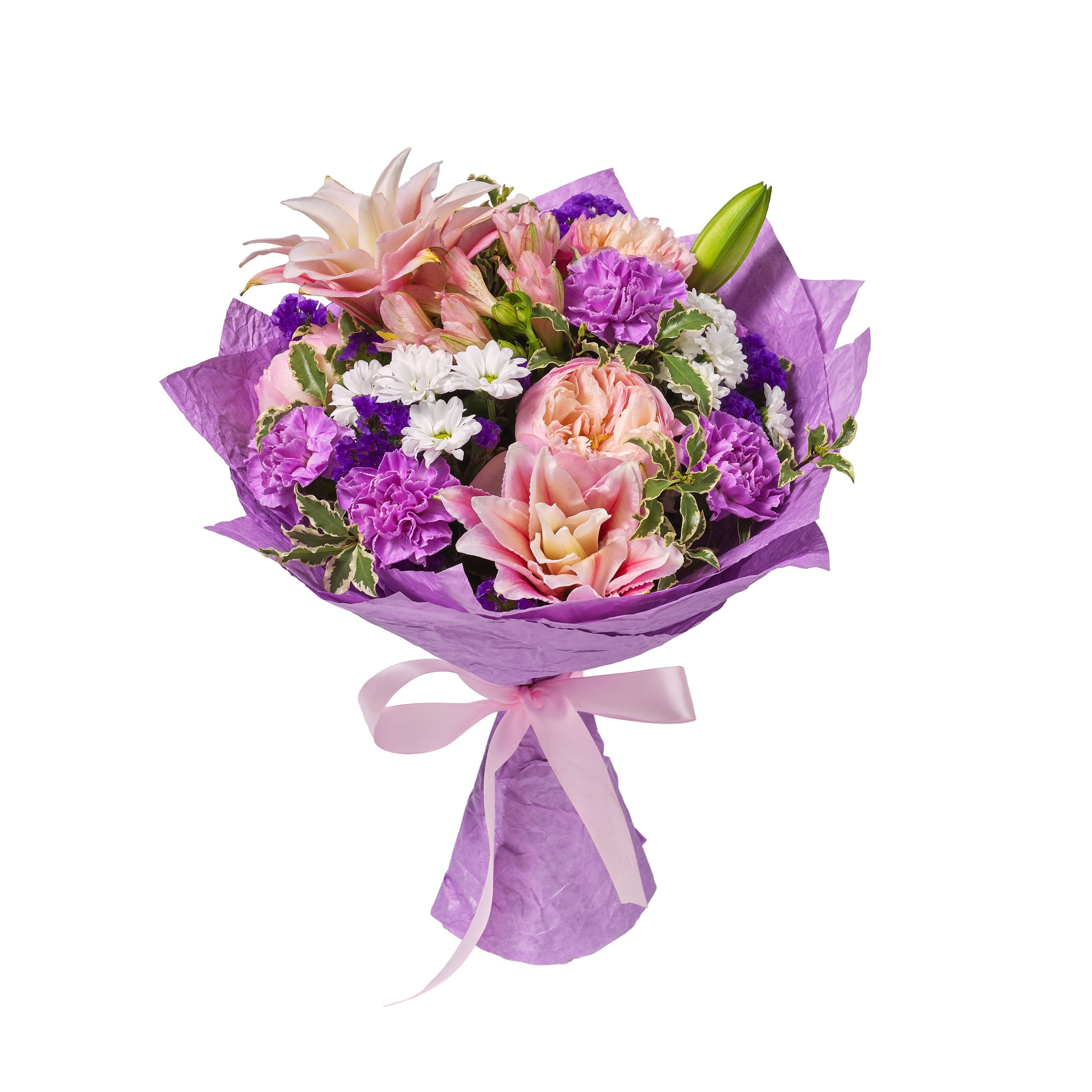 Blumenfotografie Wien – Bouquet in lila-pinker Farbpalette in dekorativer Hülle.