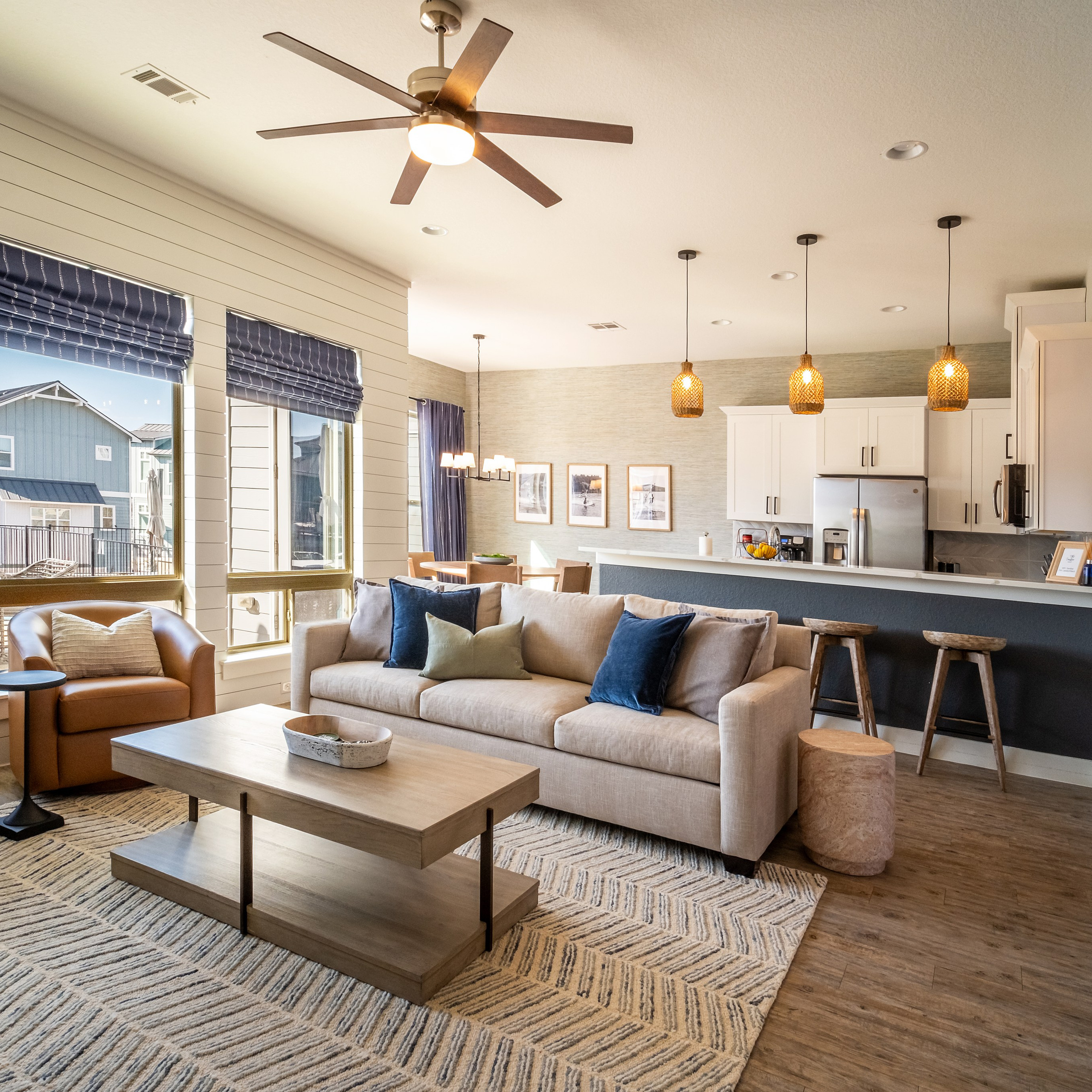 Contemporary living room with natural bright light photographed in Austin TX.