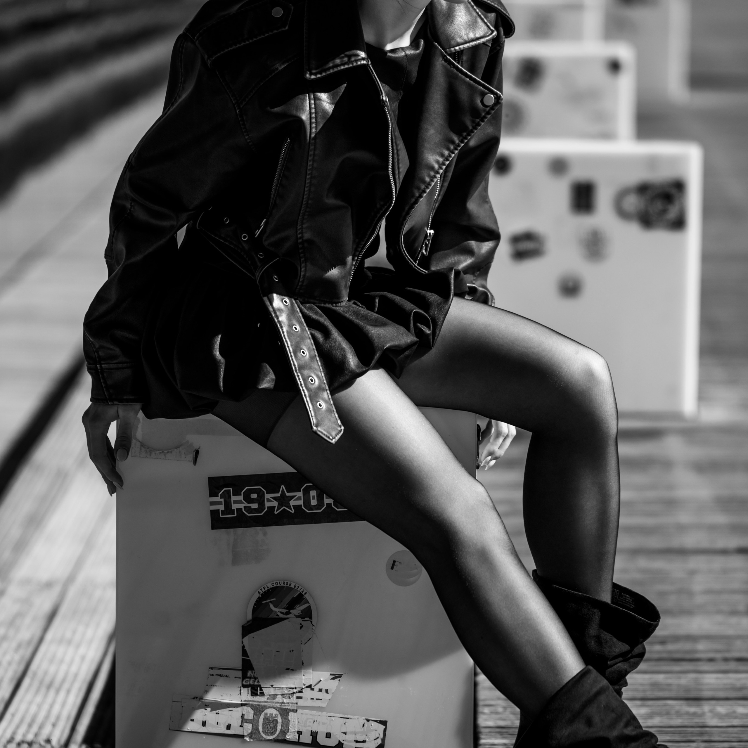 Photoshoot in DusseldorfStreet fashion photographyMedienHafenBlack and white photographyStreet style aestheticGirl in a leather jacketUrban fashion shootDusseldorf lifestyle photography