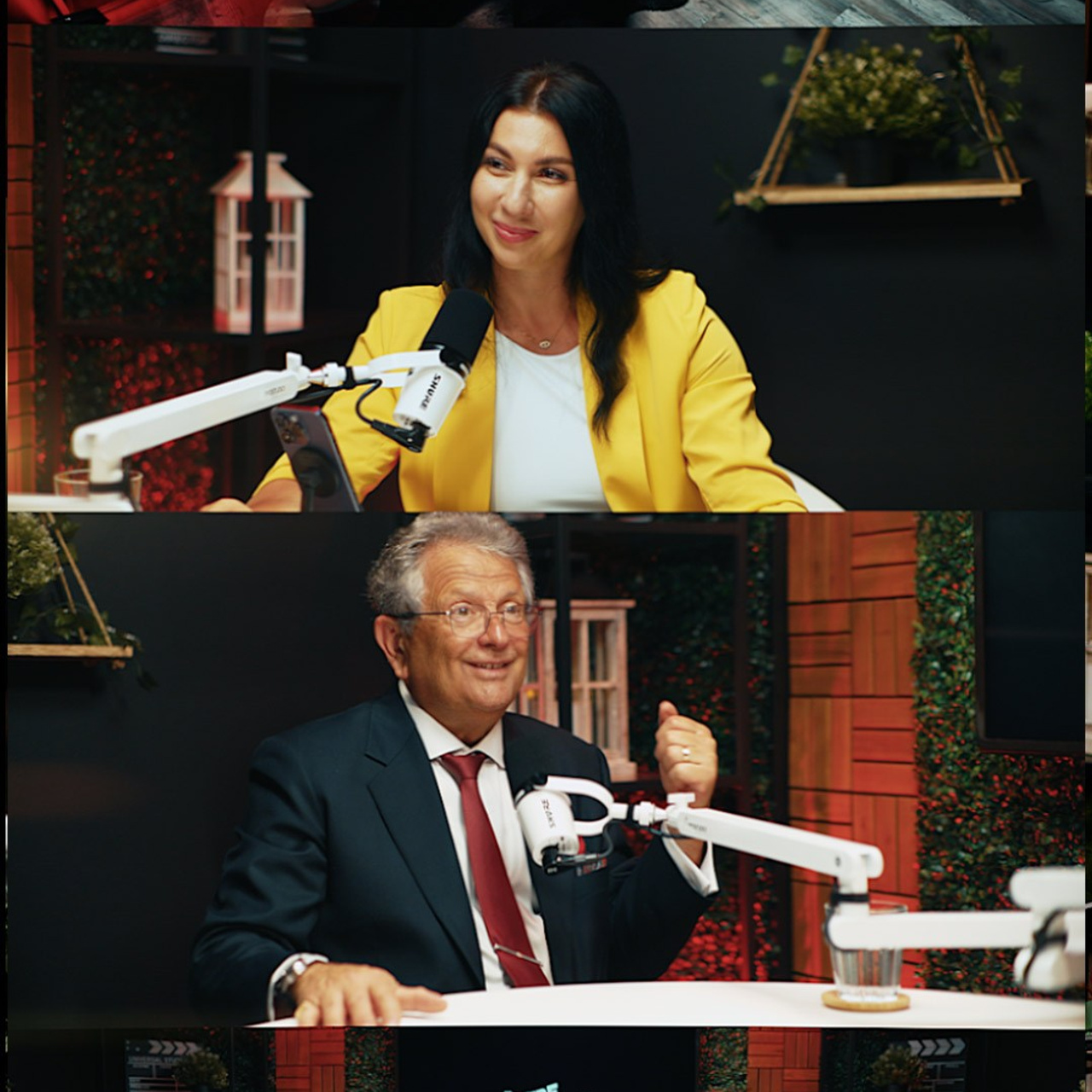 Group podcast recording at ProStudio1, Hollywood FL — round table talk-show set with overhead light and multiple microphones.