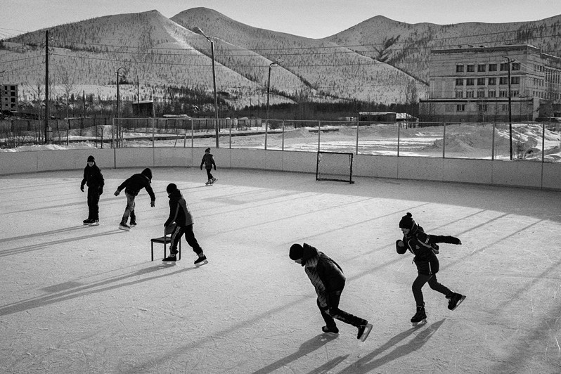 Ice rink, Yagodnoye settlement, Magadan region, Russia. March 2015