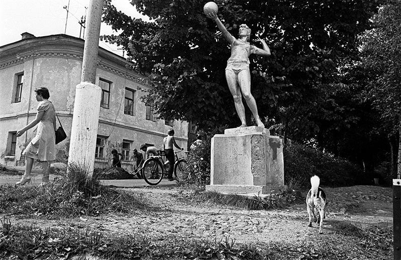Woman, cyclist, dog, Plyos, Privolzhsky district, Ivanovo region, Russian SFSR. July 1983