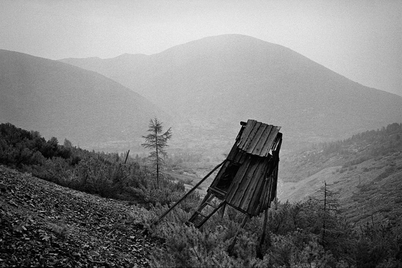 Guard tower in Dneprovsky camp, Dneprovsky mine (non-existent), Khasyn district, Magadan region, Russia. August 2014
