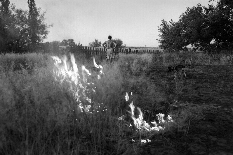 Burning old grass, Senshin khutor, Oblivsky district, Rostov-on-Don region, Russia. July 2010