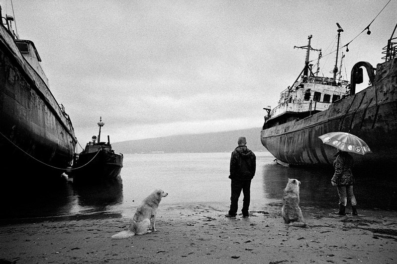 Abandoned ships near the fishing port on the shores of Nagayev Bay, Magadan, Russia. August 2014