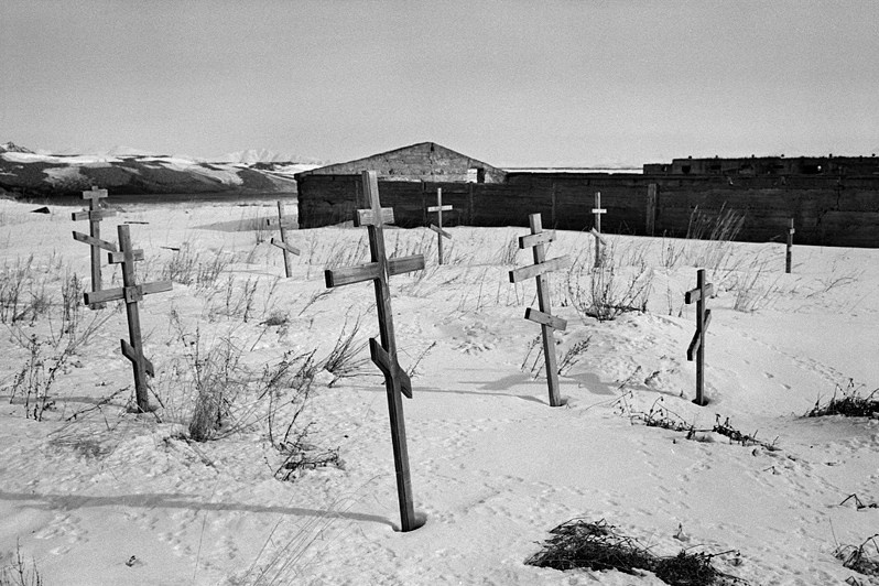 The outskirts of the cemetery, Ola urban-type settlement, Magadan region, Russia. March 2015