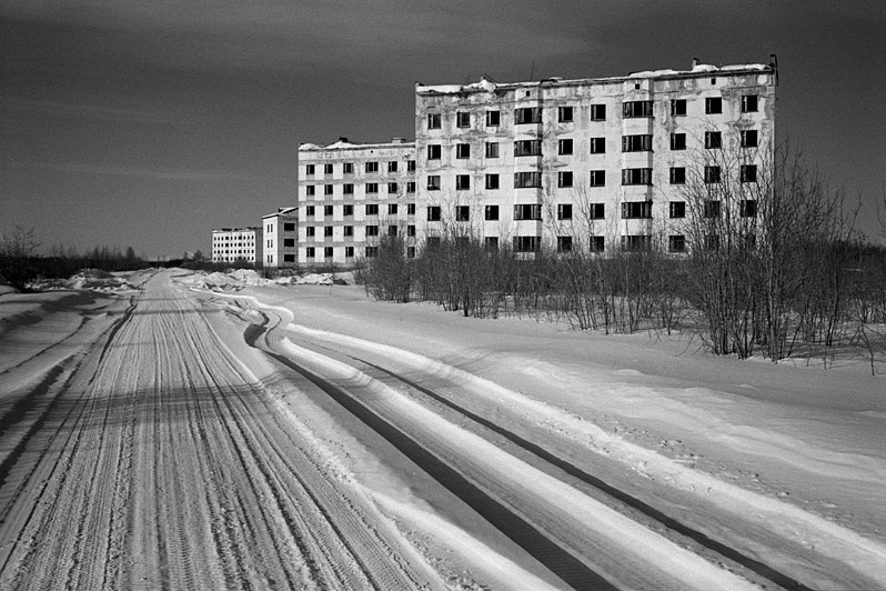 Abandoned houses, Elgen settlement, Yagodinsky district, Magadan region, Russia. March 2015