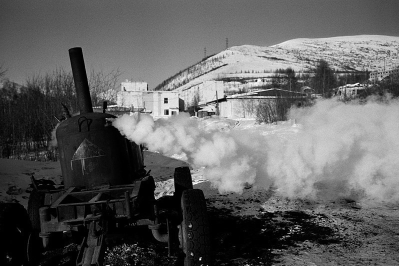 Ancient steam generator to defrost water pipes, Yagodnoye settlement, Magadan region, Russia. March 2015