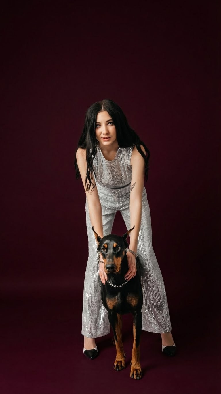 Frau hält eine Krone über dem Kopf eines Dobermanns, Studioaufnahme.