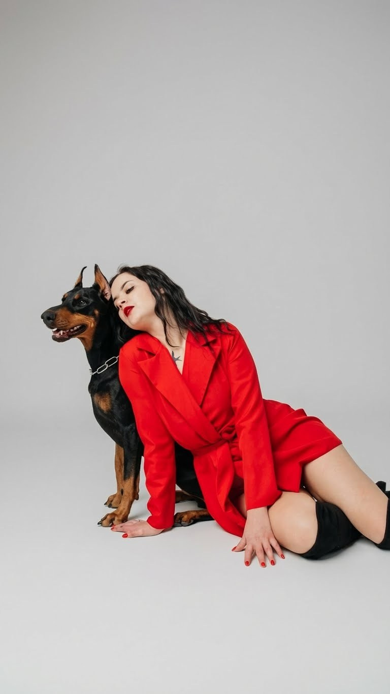 Frau im roten Outfit sitzt und hält einen Dobermann vor hellem Studiohintergrund.