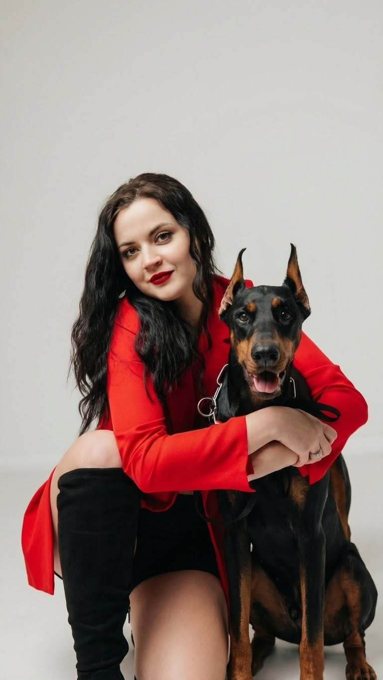 Dobermann steht neben einer Frau im weißen Outfit, Studiofoto.