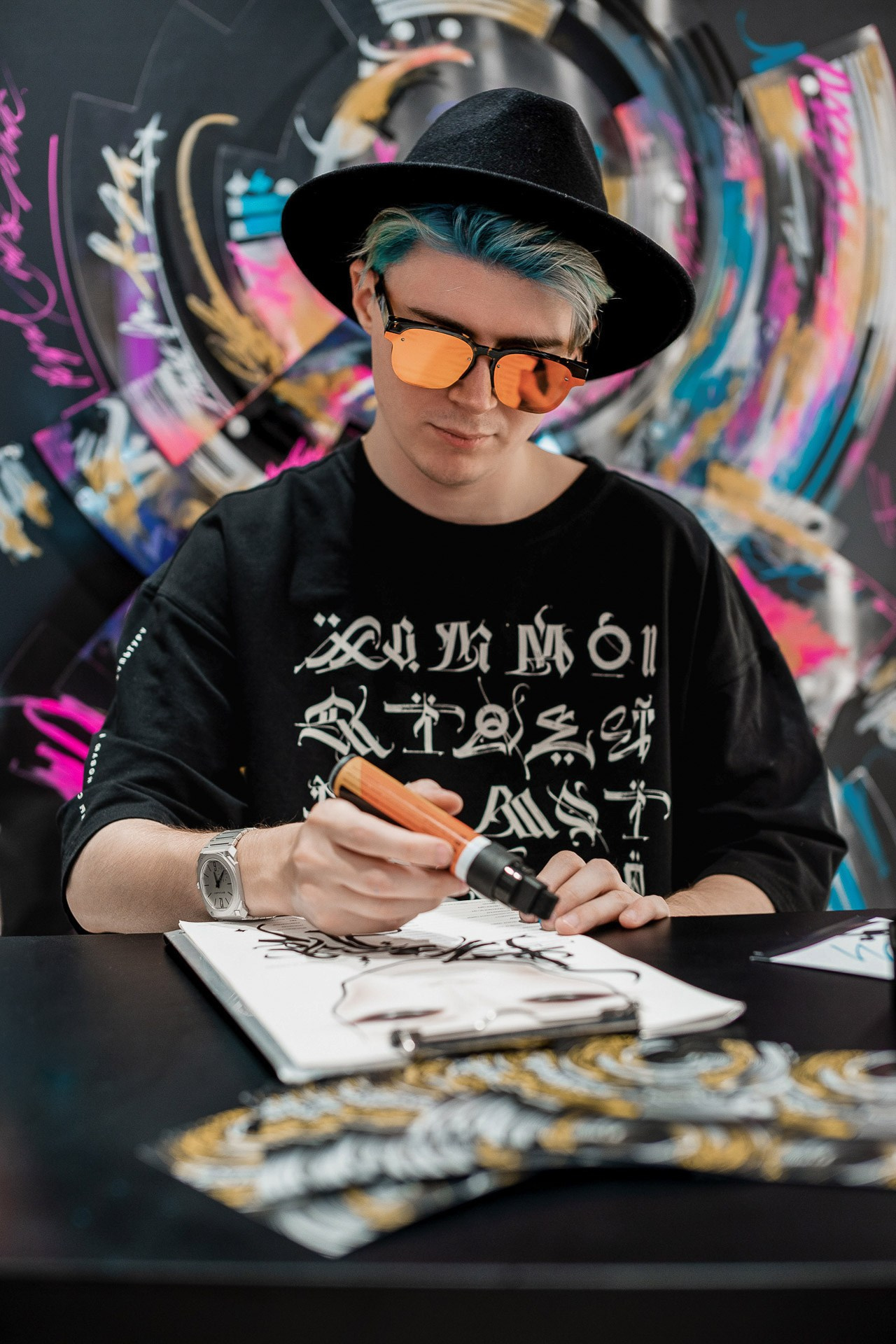 Creative brand presentation in Milan featuring live artistic performance and calligraphy for corporate guests