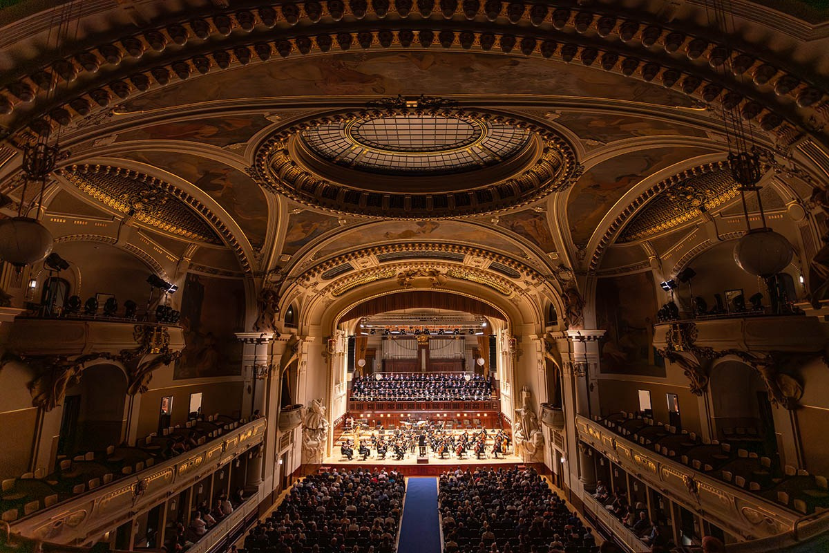 Wide-angle view from above at Prague's Smetana Hall at the Municipal House (Obecní Dum), Prague