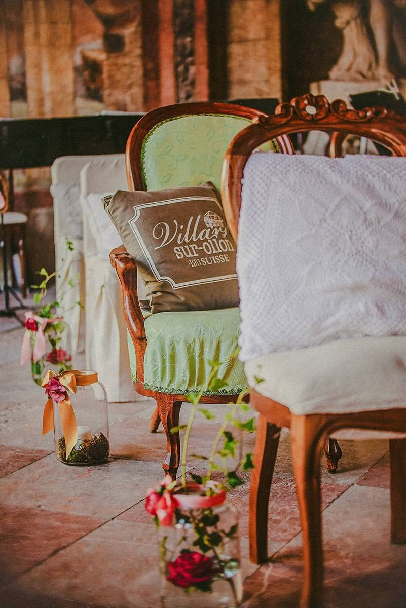 Intimate table setup with flowers and snacks inside the Sala Terrena at Vrtba Garden wedding