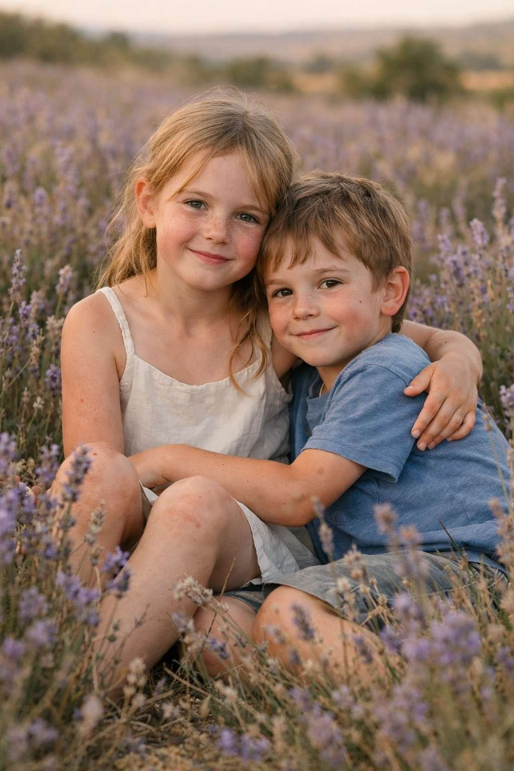 брат и сестра обнимаются лавандовое поле фотосессия