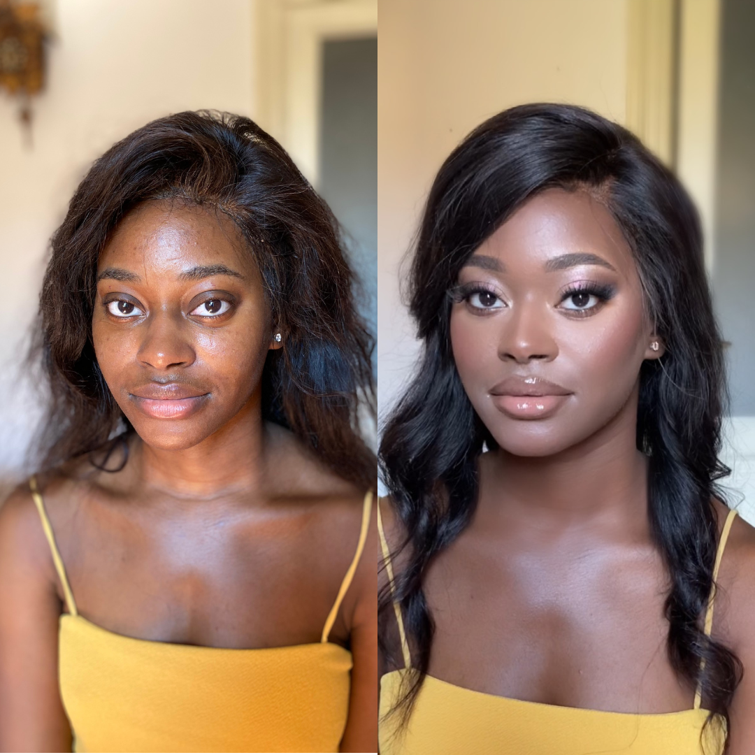 black woman without makeup and after soft glam pink makeup for an elopement photoshoot in rome