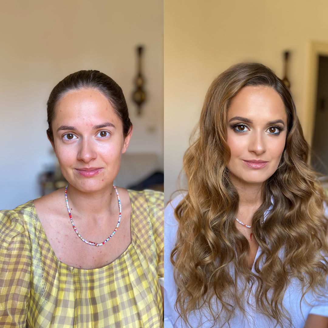 voluminous curls long natural hair. Bright makeup with color accent in Prati