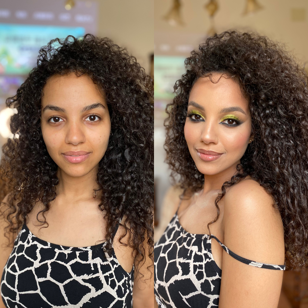 curly girl with arabic eyes with Green makeup for fashion photoshoot in Venice