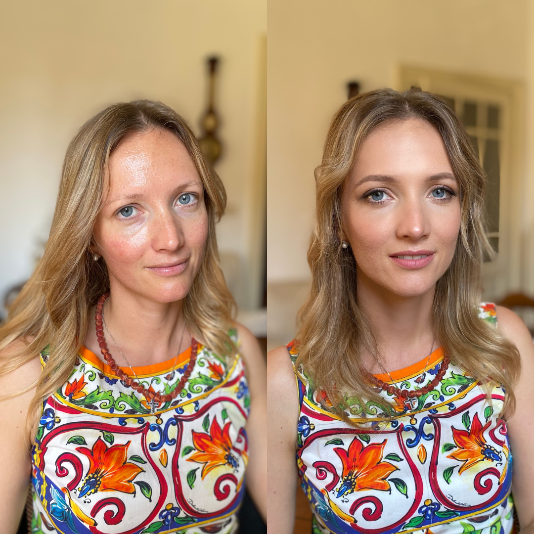 nude romantic makeup girl with natural hair and colorful dress