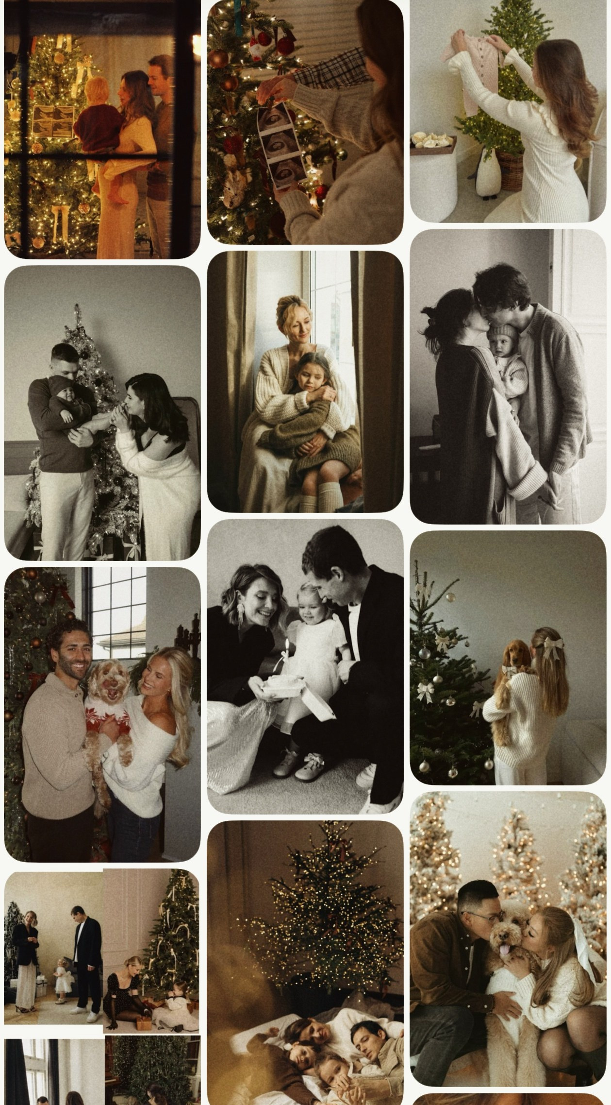 Inspiration collage for Christmas mini sessions showing festive poses, tree decorations, and lifestyle moments