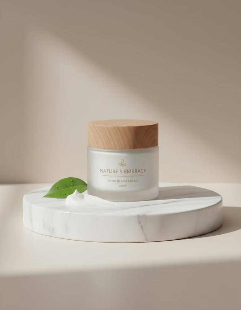 Skincare jar styled with green leaves in a neutral AI product image