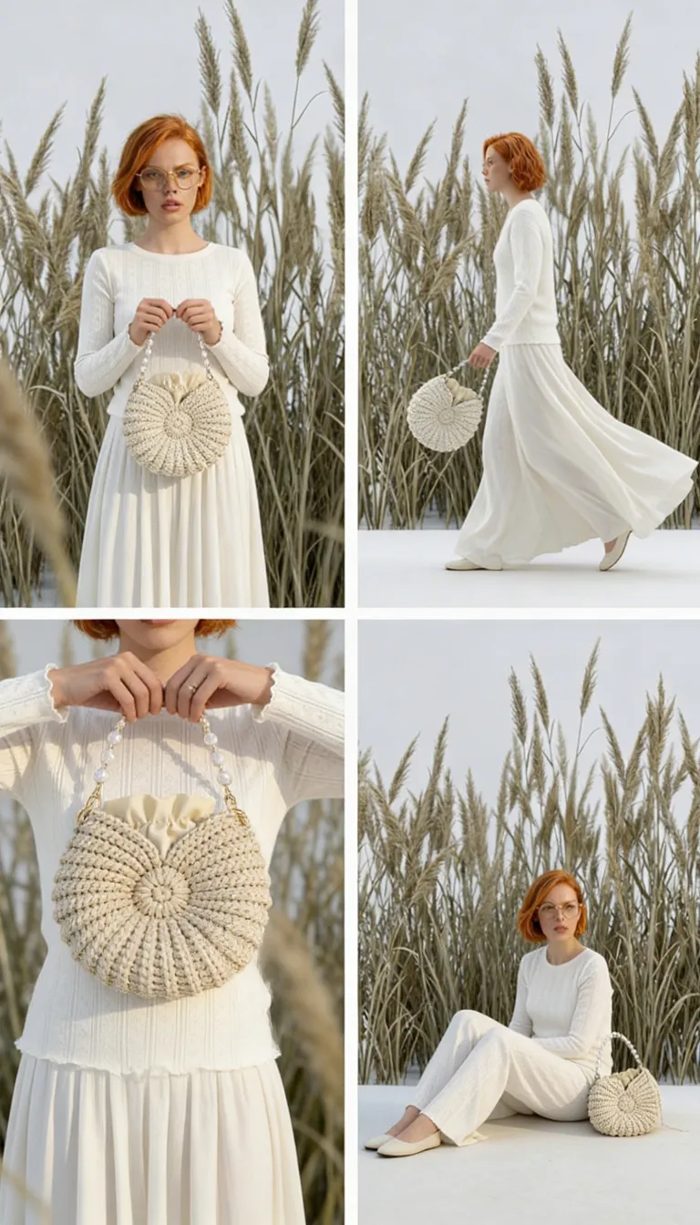 Red-haired freckled woman in white dress holding a handmade circular knitted rope handbag with pearl handle in natural grass field, minimalist fashion editorial photography.