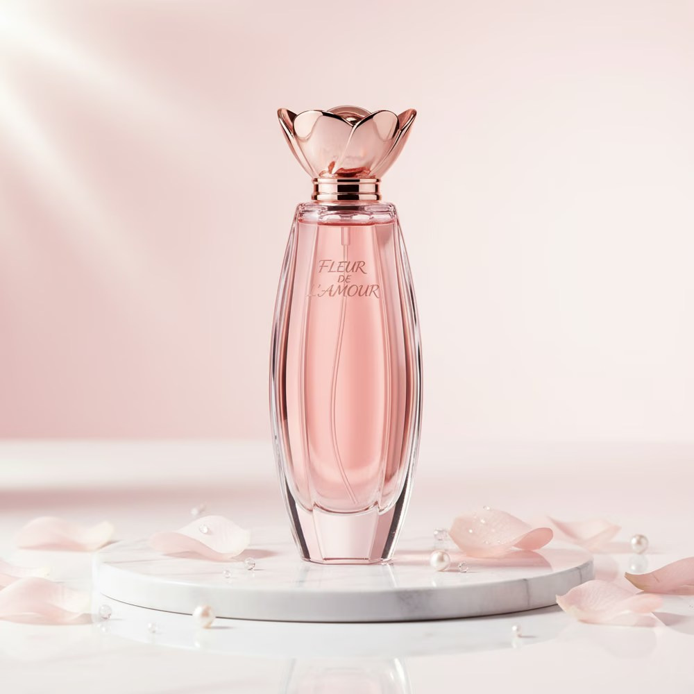 Pink perfume bottle displayed on soft petals in an AI fragrance visual