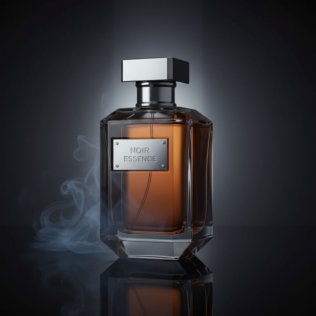 AI fragrance CGI visual showcasing dramatic lighting and atmospheric smoky accents