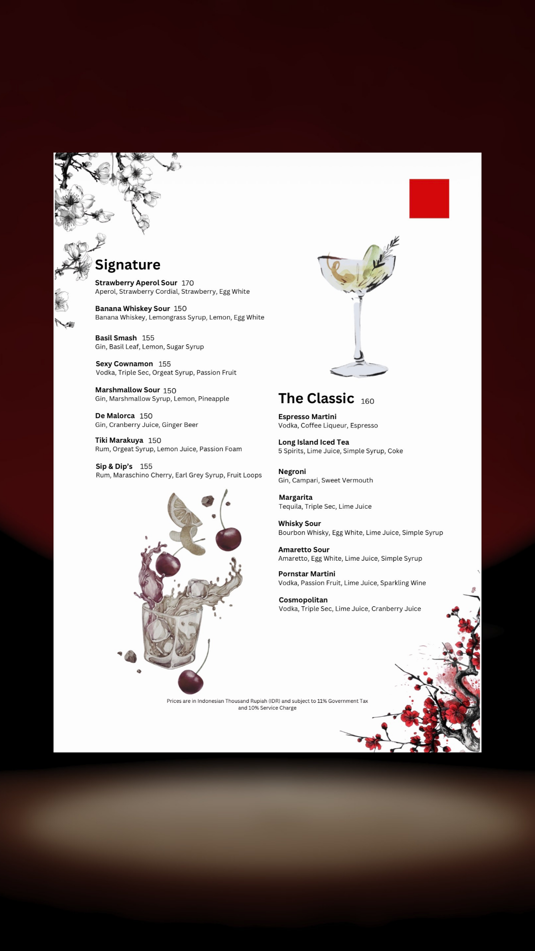 MENU. THE ROOM BAR