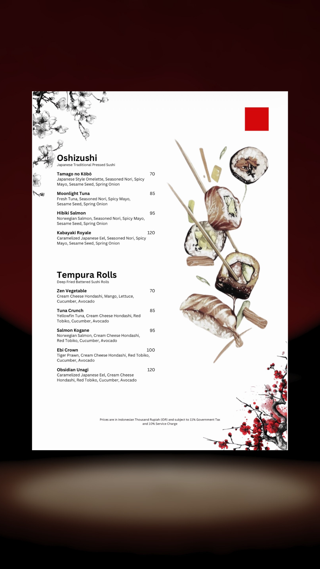 MENU. THE ROOM BAR