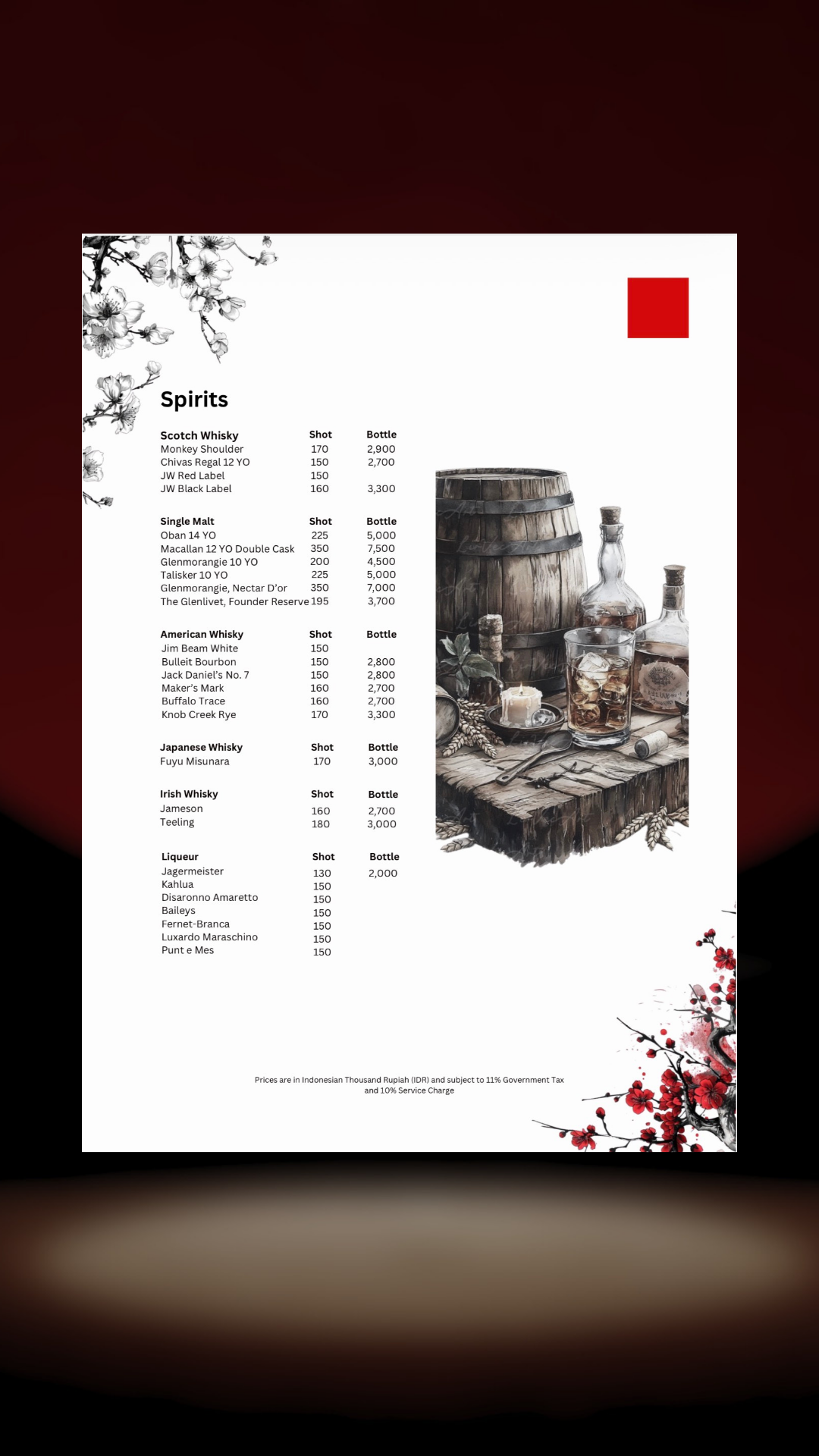 MENU. THE ROOM BAR