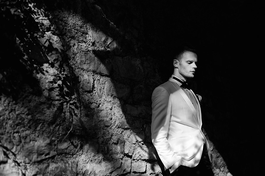 Groom portrait — cinematic black and white wedding photography