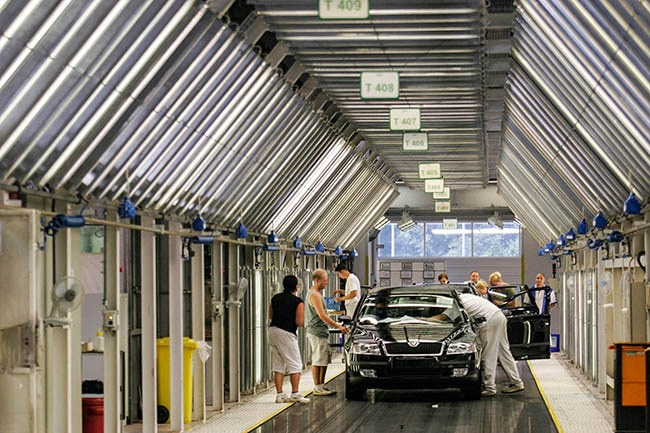Employees on the assembly line at the Skoda Mlada Boleslav manufacturing plant in the Czech Republic.