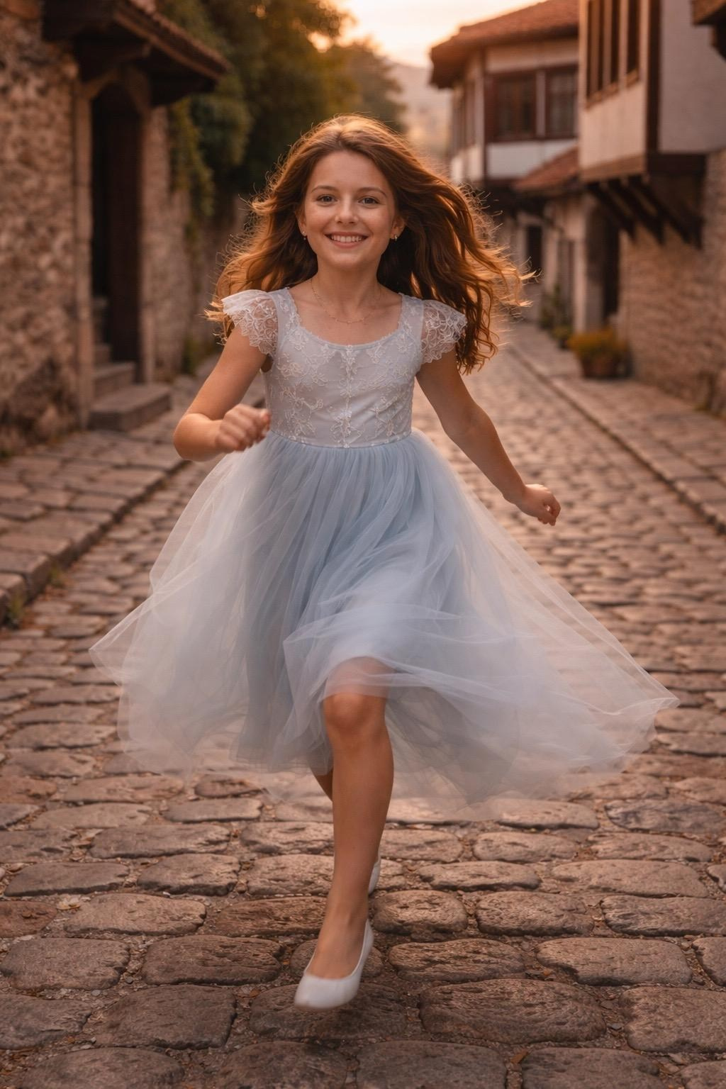 girl running in Plovdiv Old Town