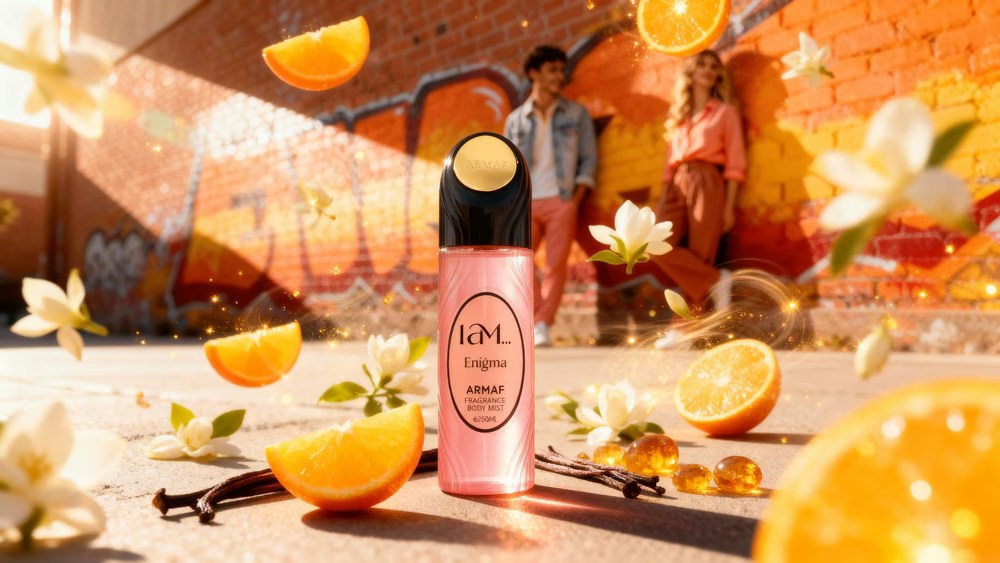 AI-generated perfume bottle in a vibrant citrus product scene