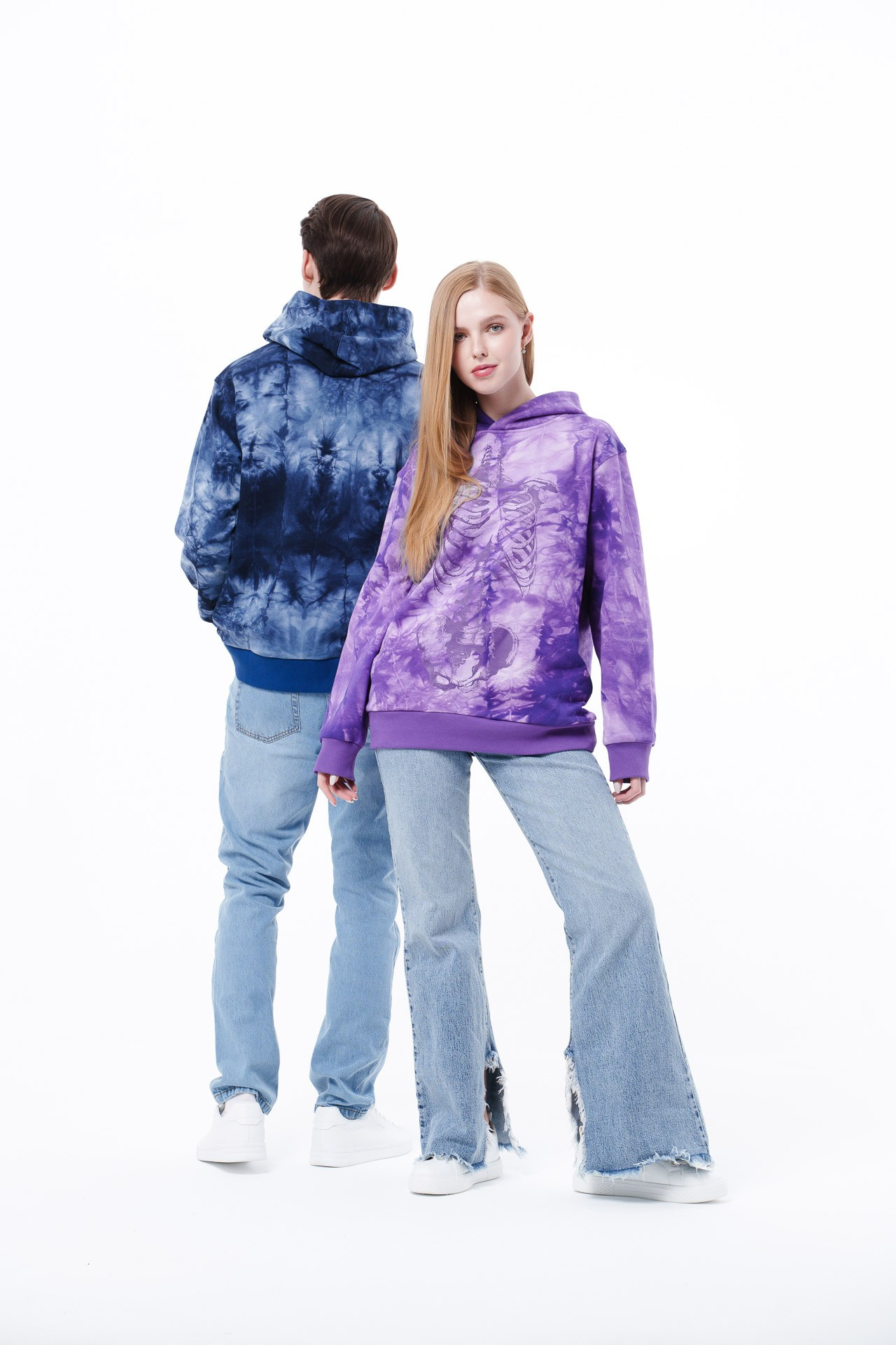 Studio fashion photography in Milan featuring tie-dye hoodies on white background for e-commerce brand