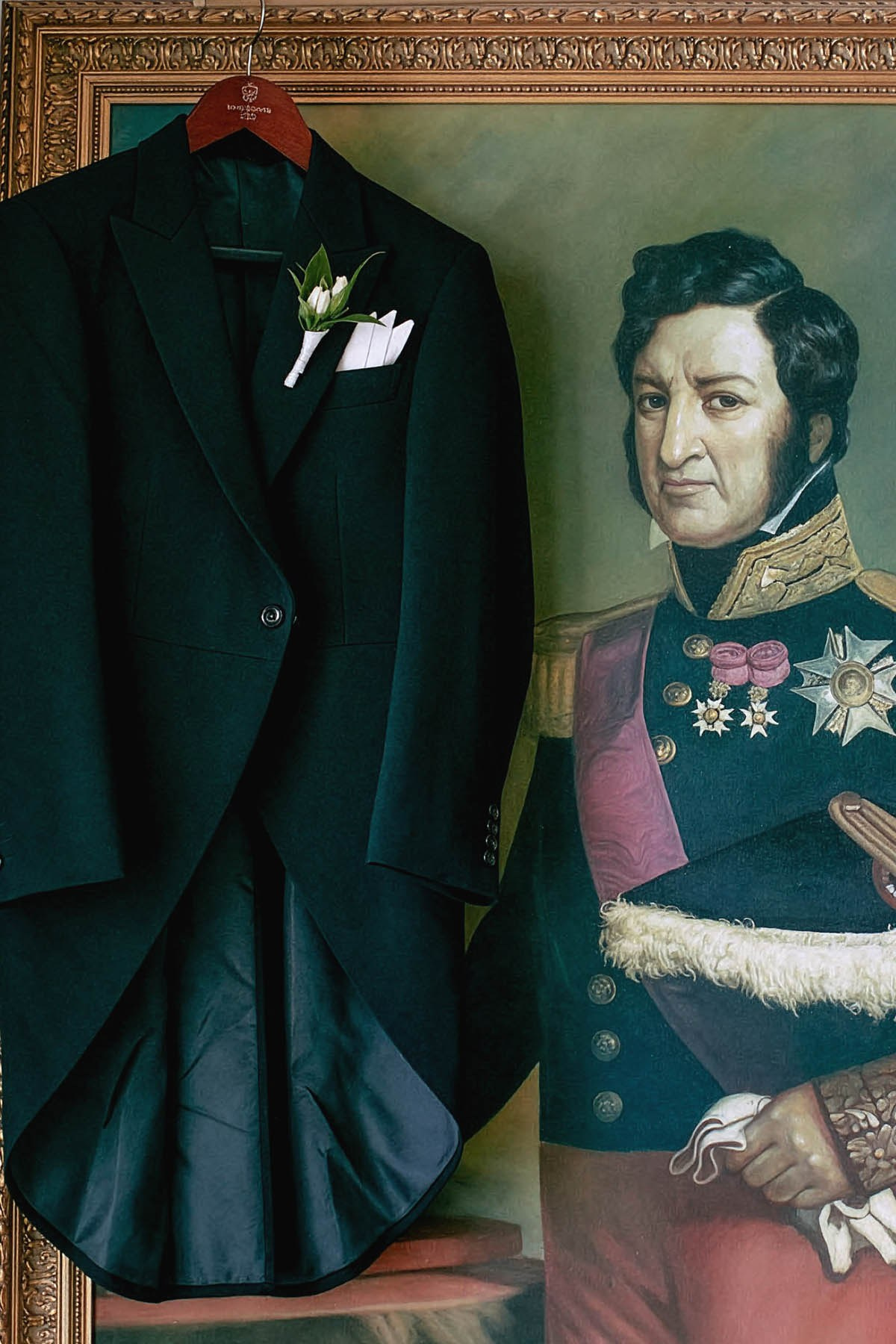 The groom's stylish suit and boutonniere hang atop a painting of Prince Ferdinand