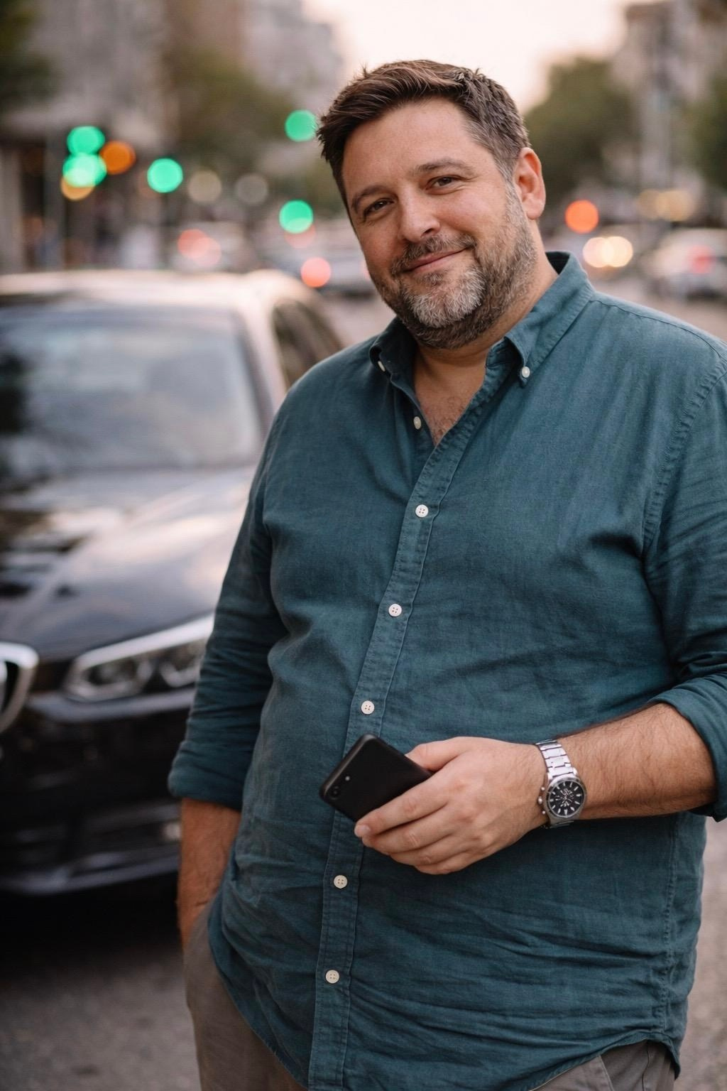 Мужской портрет в городе с телефоном на фоне машины