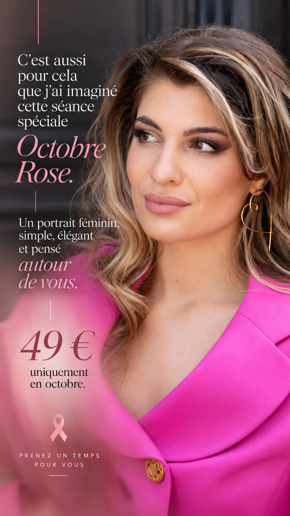 Portrait féminin Octobre Rose avec offre séance photo à 49 euros dans le Tarn
