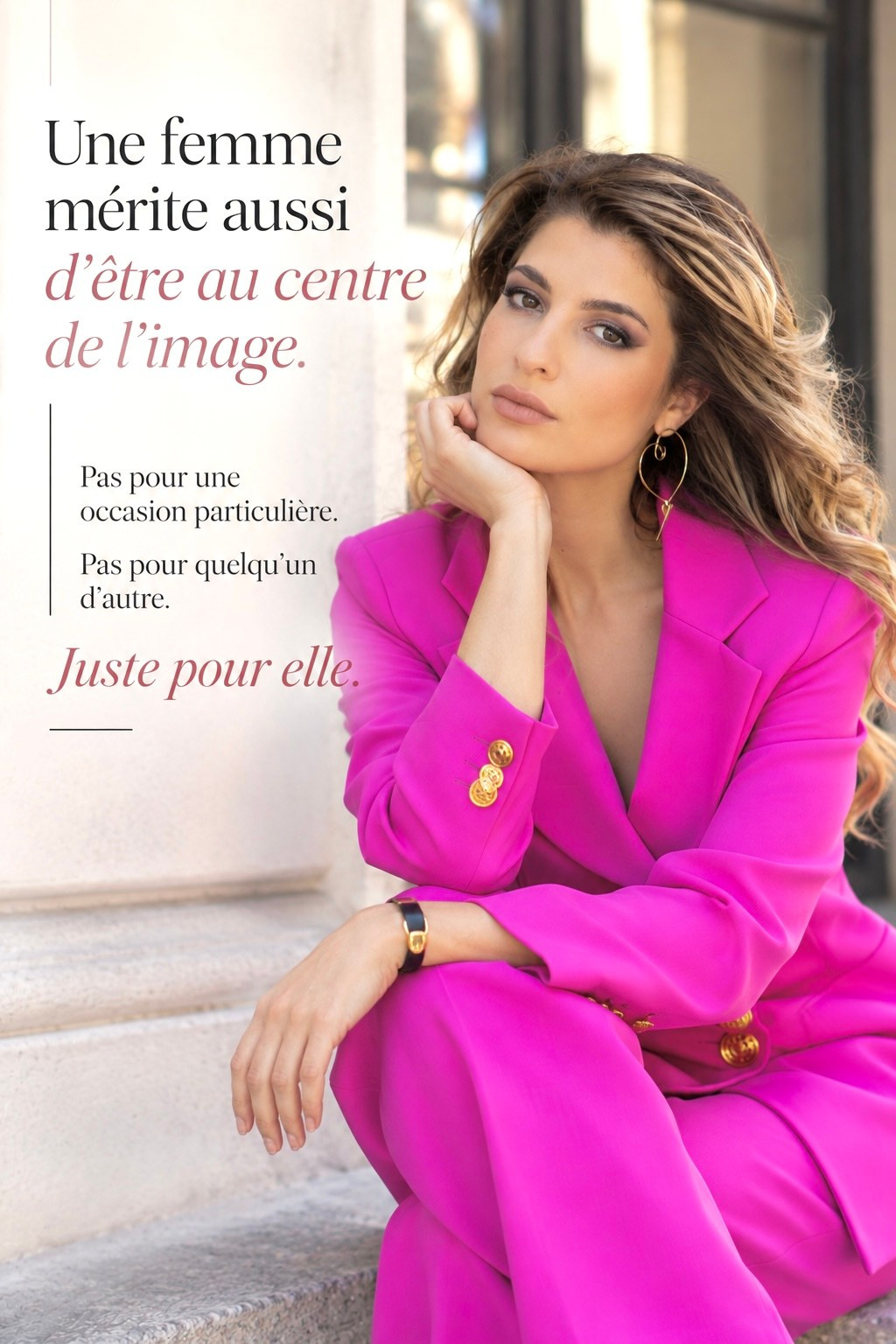 Portrait de femme en veste rose réalisé en studio par une photographe portrait dans le Tarn